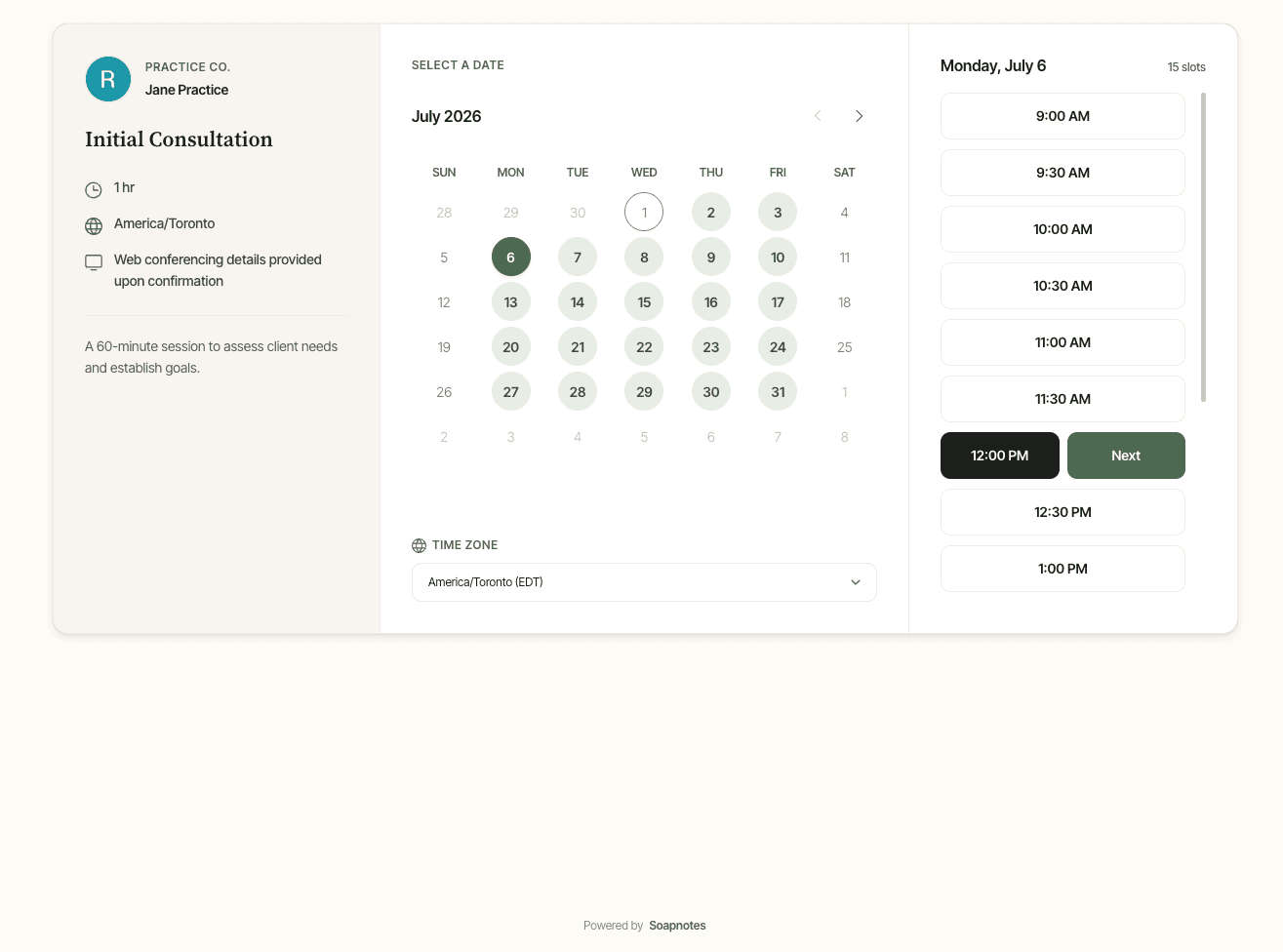 The Soap Notes booking page where a client picks a date and an available time slot