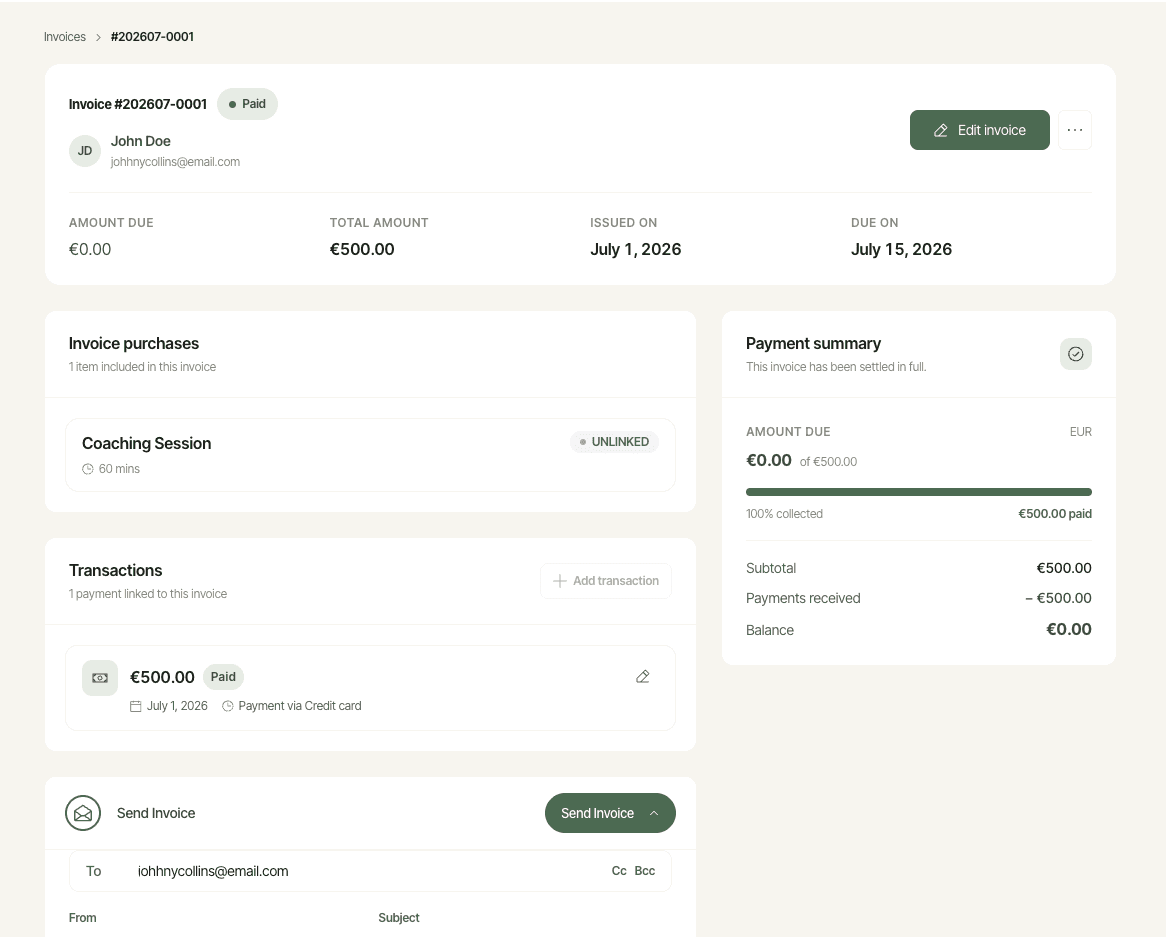 A Soap Notes session invoice ready to send to a client