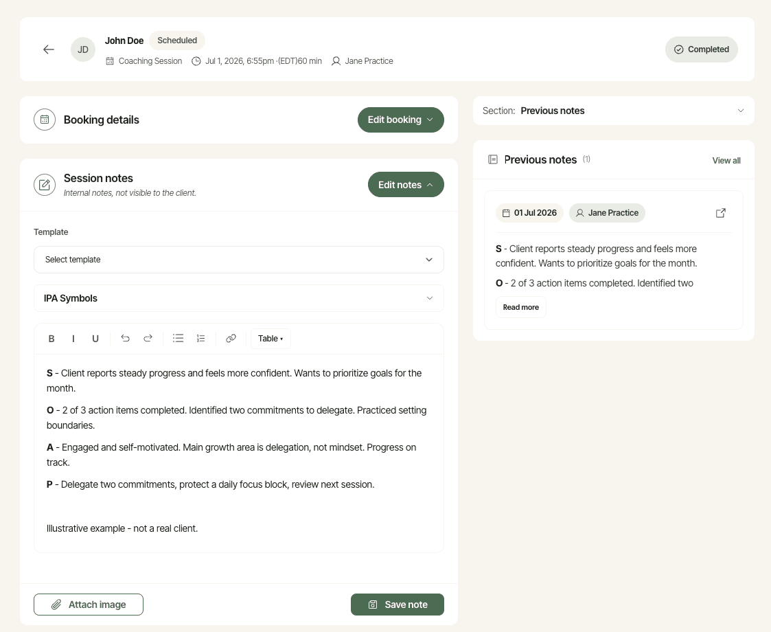 The SOAP note editor with a template, linked client, and structured note fields